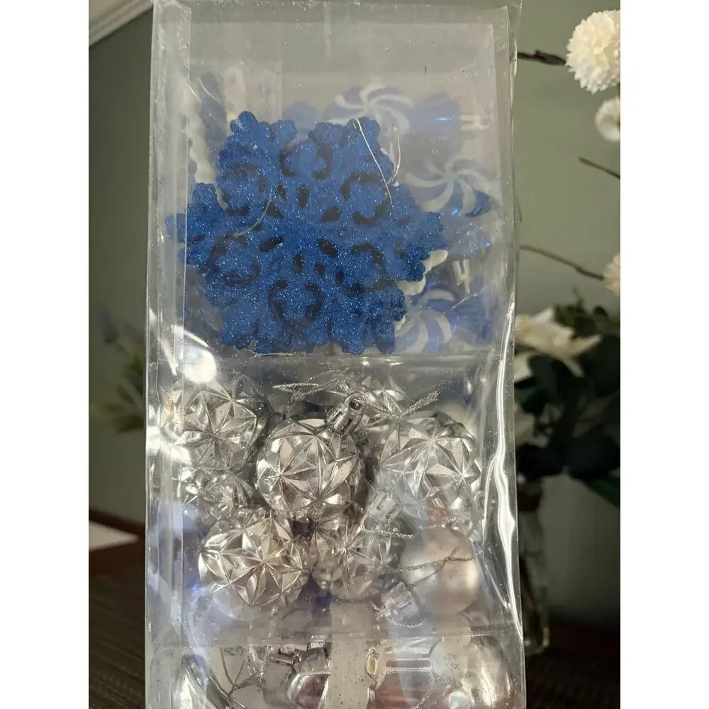 Blue White Silver Shatterproof Christmas Ornaments 130 Pc Set & Star